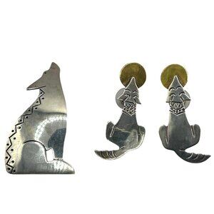 Vintage Taxco Mexico Coyote Brooch & Stud Earrings 925 Sterling Silver
